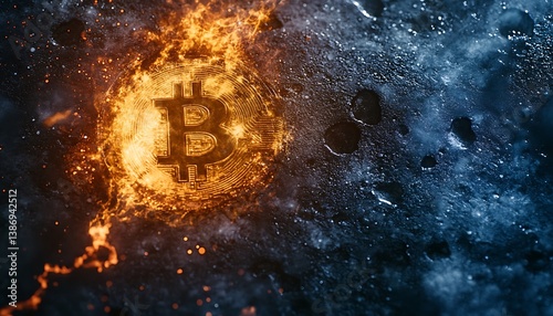 Bitcoin flames on icy surface photo