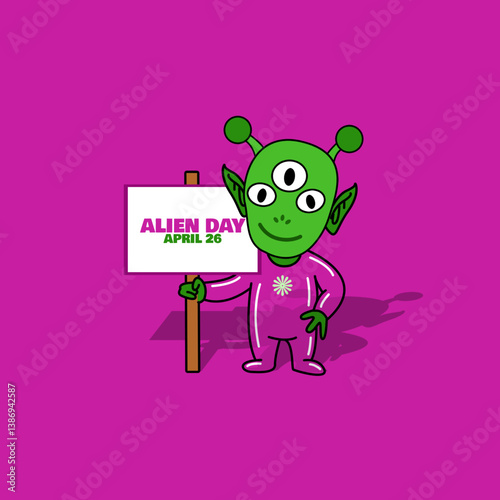 Alien Day to celebrate on April 26th. Illustration of a cute alien creature smiling with a transparent body holding a board.
