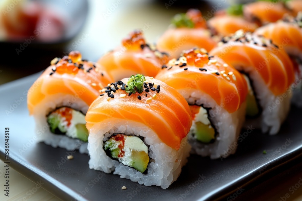 Salmon sushi rolls neatly arranged on a white plate with traditional Japanese garnishes. Salmon sushi rolls neatly arranged on a white plate with traditional Japanese garnishes.