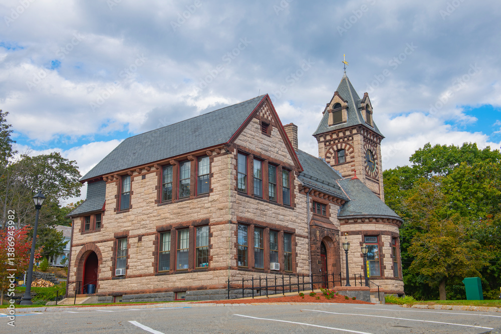 Princeton Public Library in Goodnow Memorial Building in historic town center of Princeton, Massachusetts MA, USA.