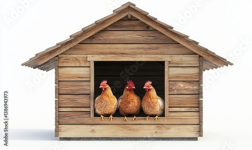 Three hens inside wooden coop, white background; farm animals, poultry