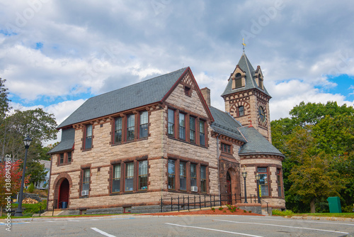 Princeton Public Library in Goodnow Memorial Building in historic town center of Princeton, Massachusetts MA, USA. 