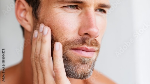 Man with a beard is looking at the camera. He is rubbing his chin. Concept of self-consciousness and contemplation