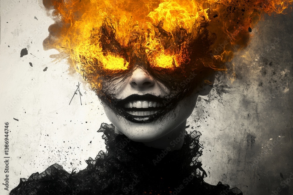 Creeping darkness. Metaphorical burning alive awareness of fear and despair. Bad dream effect. Bizarre nightmares. Burning alive - nightmares, bad dreams: abstract image of physical state.