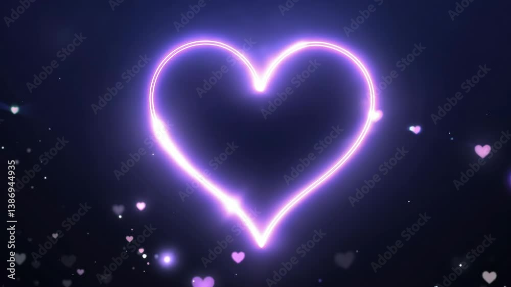 A glowing neon heart surrounded by floating particles and soft lights in a dark background. 4k Video footage. A glowing neon heart surrounded by floating particles and soft lights in a dark background. 4k Video footage.