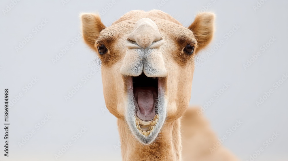 Fototapeta premium Camel is making a loud noise. The image has a playful and lighthearted mood. The camel's mouth is open wide, and its eyes are wide open, giving the impression that it is excited or surprised