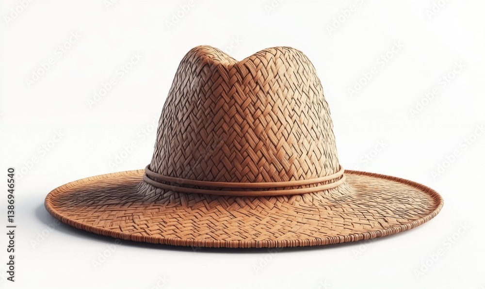 Woven straw hat, summer fashion accessory, white background, sun protection Woven straw hat, summer fashion accessory, white background, sun protection