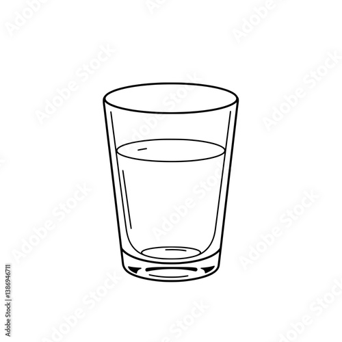 Glass of Water: A simple, elegant glass, half-filled with pure, clear water, captures the essence of refreshment and hydration in a minimalistic monochrome illustration.