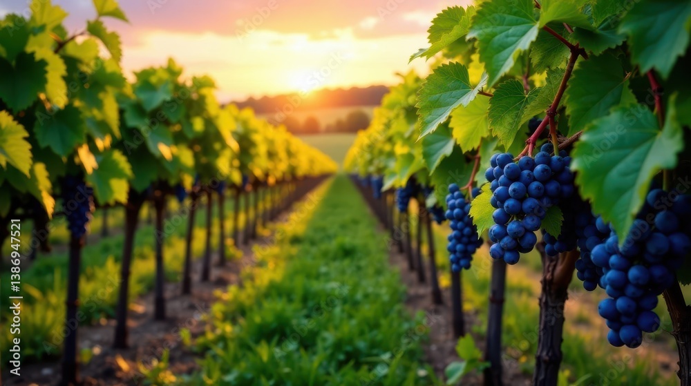Naklejka premium Sunset over a vineyard, rows of grapevines laden with ripe bunches of dark purple grapes, bathed in the golden light of the setting sun, a picturesque rural scene
