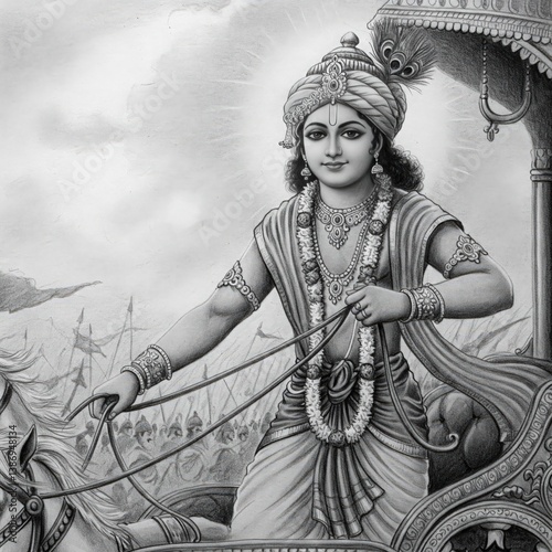 Radha Krishna Drawing | Easy Simple Radha Krishna Pencil Sketche Drawing 4K HD High Quality Wallpaper Background – Krishna as Parthasarathi Holding Reins with Wisdom and Power | Mahabharata Scene Penc photo
