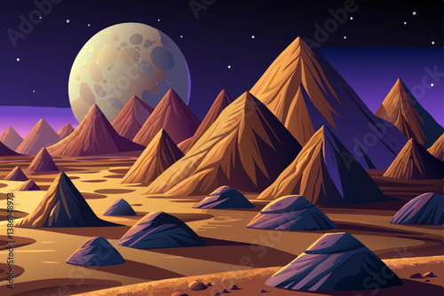 hillscape abstract landscape under moonlight with rocky textures and eerie shadows, night time