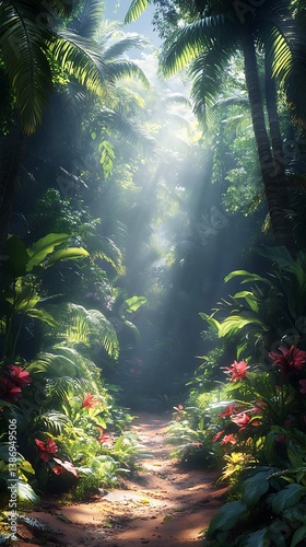 Serene Jungle Path Phone Wallpaper  Soft Sunlight Lush Green Foliage & Vibrant Tropical Flowers | HD Mobile Theme


