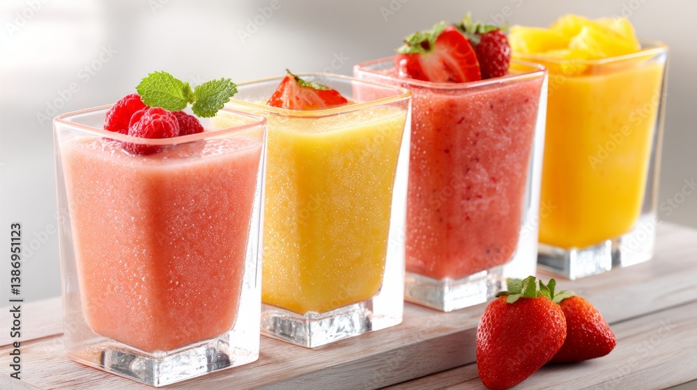Four glasses of fruit smoothies with strawberries and raspberries. The smoothies are in different colors and are served on a wooden table Four glasses of fruit smoothies with strawberries and raspberries. The smoothies are in different colors and are served on a wooden table