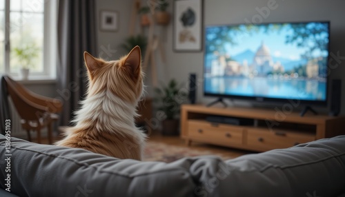 Dog Watching TV on a Couch.
