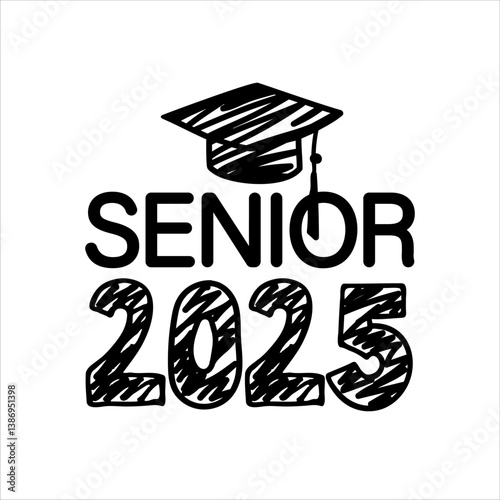 Congratulation for school graduates. Senior 2025 with graduate cap Black isolated on white background. For graduation themed design, card, craft, for tshirt, congratulation event. Vector illustration.