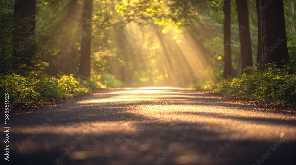 Obraz premium Sunlight streaming through forest road, peaceful morning scene, nature