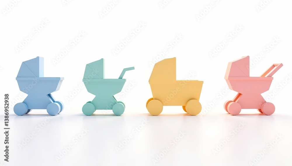 Pastel colored stroller silhouettes on a white background, fabric, decorative