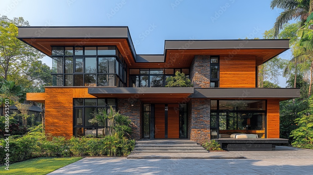 Fototapeta premium Modern Luxury Home Entrance with Clean Lines, Surrounded by Greenery, Under a Clear Blue Sky, Minimalistic and Serene Design.