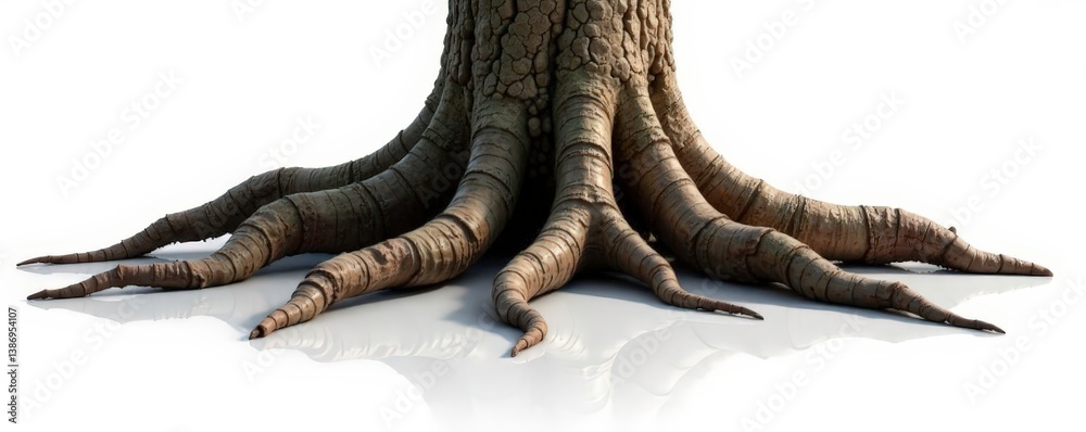 Tree trunk and roots exposed on a white surface, roots, isolated