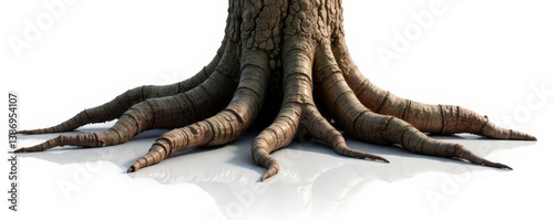 Obraz na płótnie Tree trunk and roots exposed on a white surface, roots, isolated w salonie