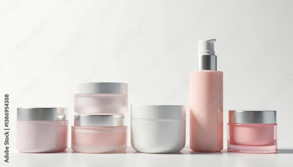 Various cosmetic containers on pristine white, shape, advertising