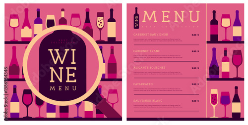 Restaurant wine menu design with various types of wine glasses and bottles. Wine background. Vector illustration