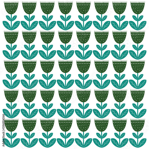 A vibrant geometric pattern featuring stylized leaves and abstract shapes in teal, orange, and white, bordered with intricate designs, it could be used as a wallpaper, fabric design, pillow cover 
