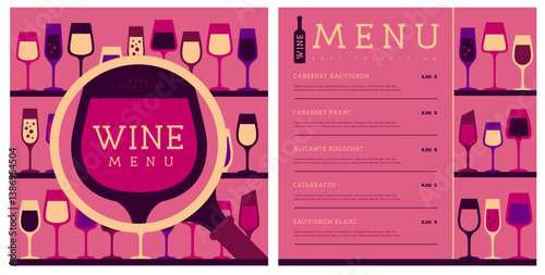 Restaurant wine menu design with various types of wine glasses. Wine background. Vector illustration.