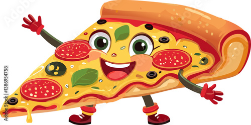 pizza slice icon with feet and hands happy expression