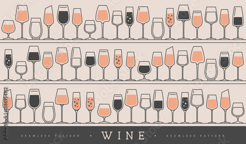Seamless pattern with various wine glasses. Wine showcase background. Restaurant menu design. Vector illustration