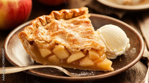 A delicious slice of apple pie with vanilla ice cream on rustic plate
