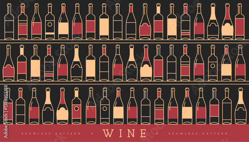 Seamless pattern with various wine bottles. Wine showcase background. Restaurant menu design. Vector illustration
