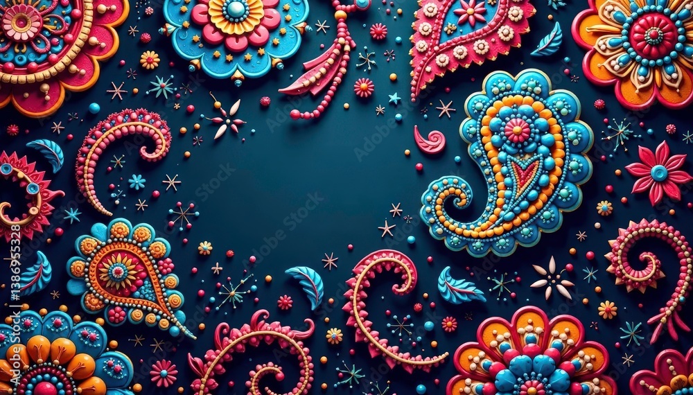 Intricate paisley pattern in rich jewel tones, wallcovering, curvy