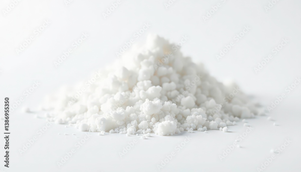 Pile of white granulated sugar on white background, candy, photography, pure