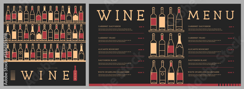 Restaurant wine menu design with various types of wine bottles. Line art modern vector illustration