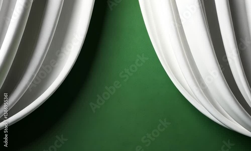 Top down view of white stage curtain opening on green screen velvet texture cinematic shadows studio light created with Generative AI technology