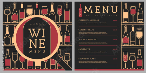 Restaurant wine menu design with various types of wine glasses and bottles. Line art modern vector illustration