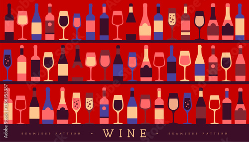 Seamless pattern with various wine glasses. Wine showcase background. Restaurant menu design. Vector illustration
