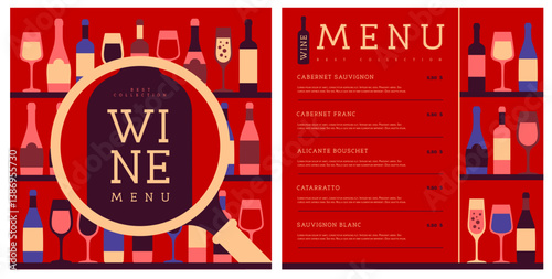 Restaurant wine menu design with various types of wine glasses and bottles. Wine background. Vector illustration