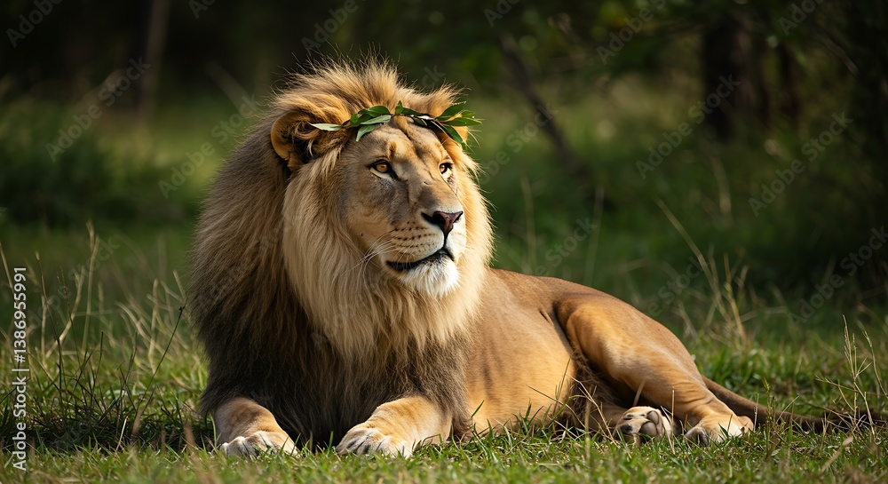 Obraz premium Majestic Lion Resting in a Verdant Meadow AI Generated