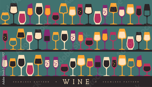 Seamless pattern with various wine glasses. Wine showcase background. Restaurant menu design. Vector illustration