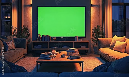 Warm living room setting with TV playing mock content chroma key green screen soft tungsten glow symmetrical front view created with Generative AI technology