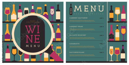 Restaurant wine menu design with various types of wine glasses and bottles. Wine background. Vector illustration