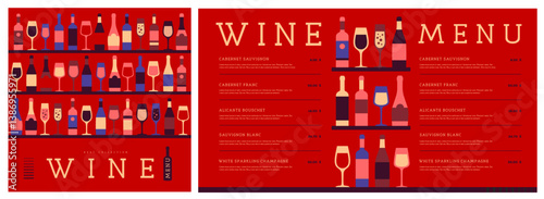 Restaurant wine menu design with various types of wine glasses and bottles. Wine background. Vector illustration