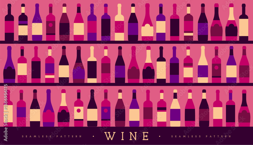 Seamless pattern with various wine bottles. Wine showcase background. Restaurant menu design. Vector illustration Seamless pattern with various wine bottles. Wine showcase background. Restaurant menu design. Vector illustration