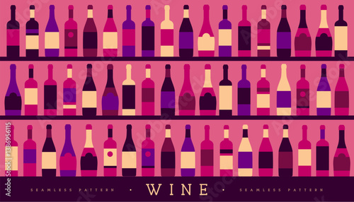 Seamless pattern with various wine bottles. Wine showcase background. Restaurant menu design. Vector illustration
