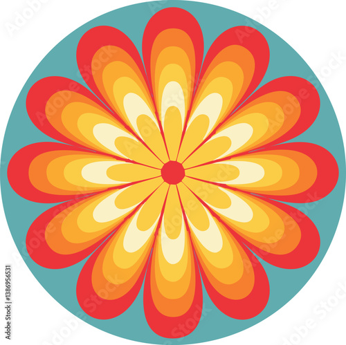 Abstract Floral Motif with Red Center and Bold Orange-Yellow Petals on Teal Background