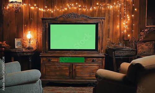 Wide angle room shot of TV on rustic cabinet with green screen warm fairy lights soft dim atmosphere shallow depth cinematic mood created with Generative AI technology