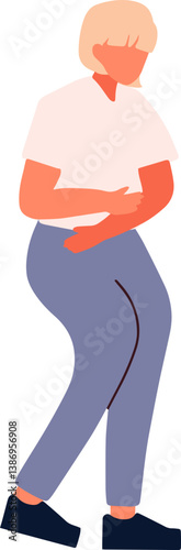 Woman suffering from stomach ache and holding her hands on belly cartoon