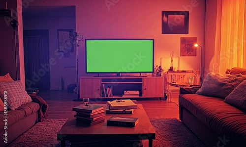 TV in dimly lit living room with chroma key green screen coffee table with books cozy tungsten lighting created with Generative AI technology